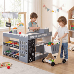 image-Kids Supermarket Playset with Vending Machine, 35.5"x31"x41", Gray Wooden
