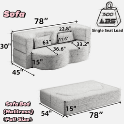 image-Modern Floor Sofa with 2 Pillows,Convertible Plush Corduroy Foam-Filled Sleeper Sofa Bed,15" Full Size Folding Mattress for Living Room,Guest Bed,no assembly required,Orange