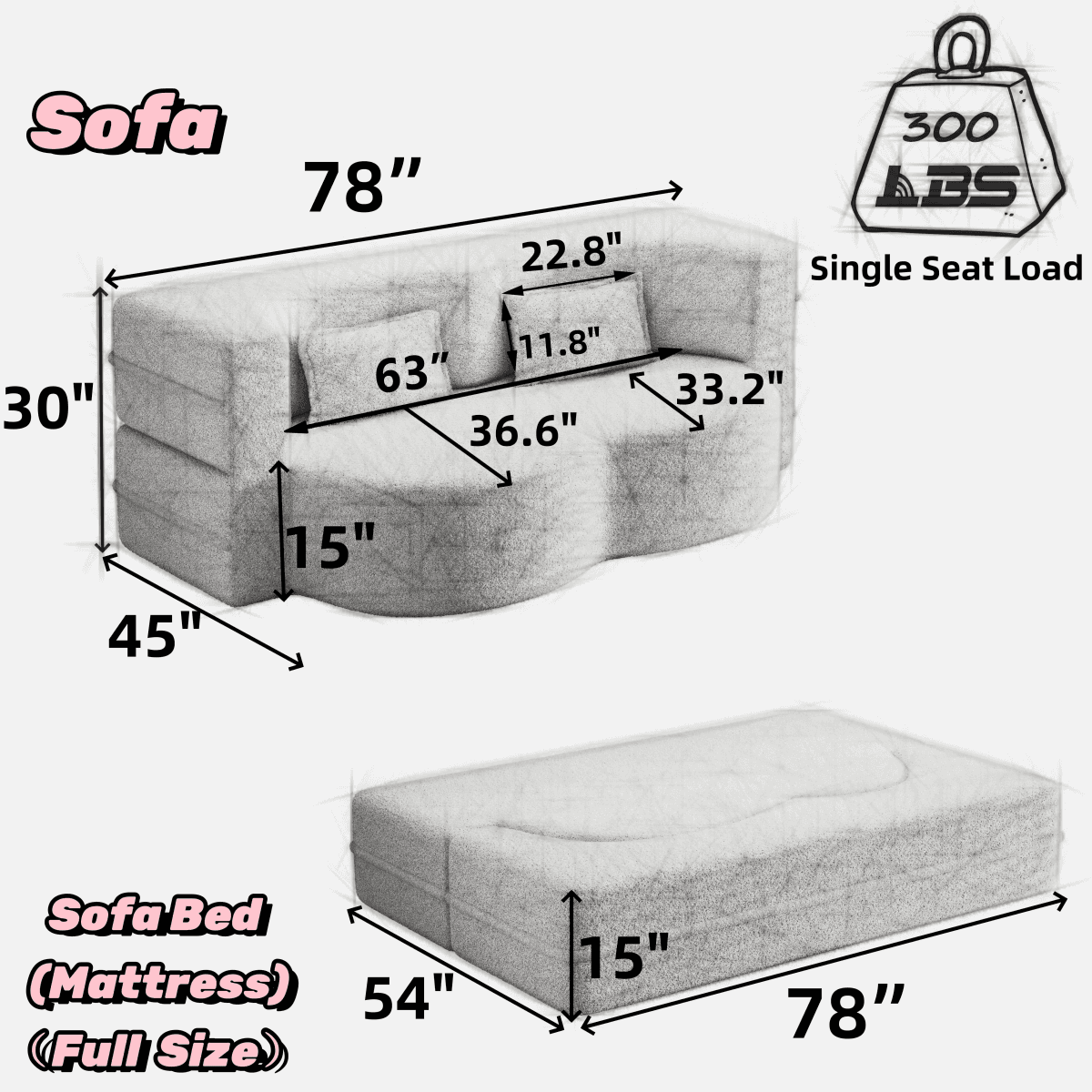 image-Modern Floor Sofa with 2 Pillows,Convertible Plush Corduroy Foam-Filled Sleeper Sofa Bed,15" Full Size Folding Mattress for Living Room,Guest Bed,no assembly required,Orange
