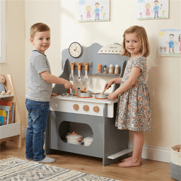 image-Toddler Play Kitchen - Gray MDF Safe Gift for Kids 3+