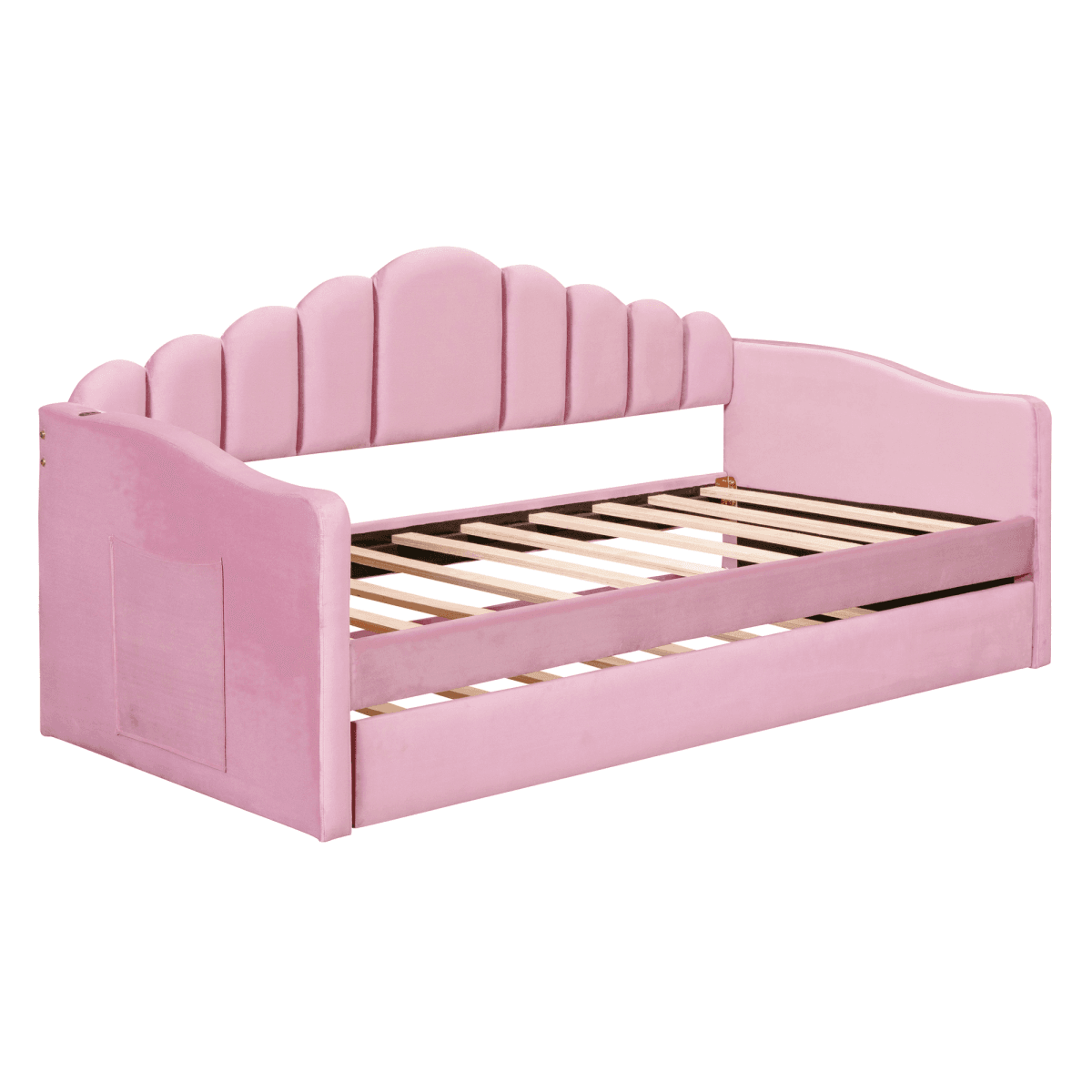 image-Twin Size Velvet Sofabed with USB, No Box Spring Needed, Trundle, Pink (58 characters)