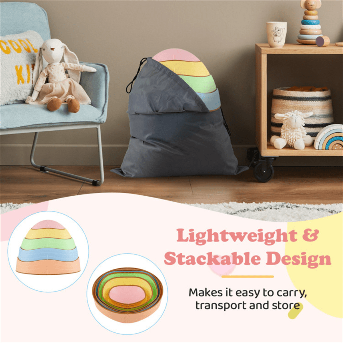 image-Kids Non-Slip Balance Stones, 5 Sizes, Multicolor, Storage Bag, Indoor/Outdoor