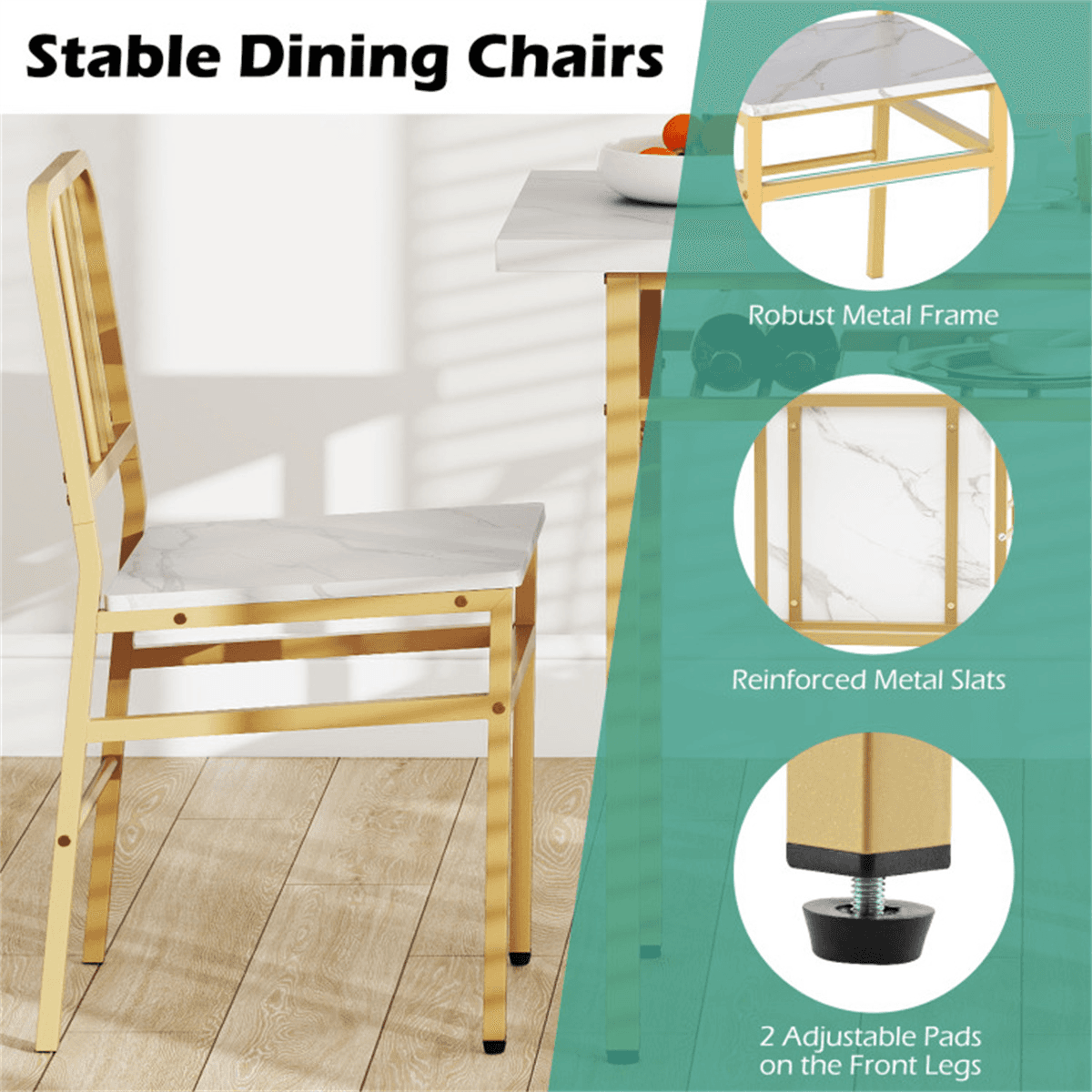image-3-Piece Dining Table Set (White + Gold), Space-Saving Tuck-under Chair Design