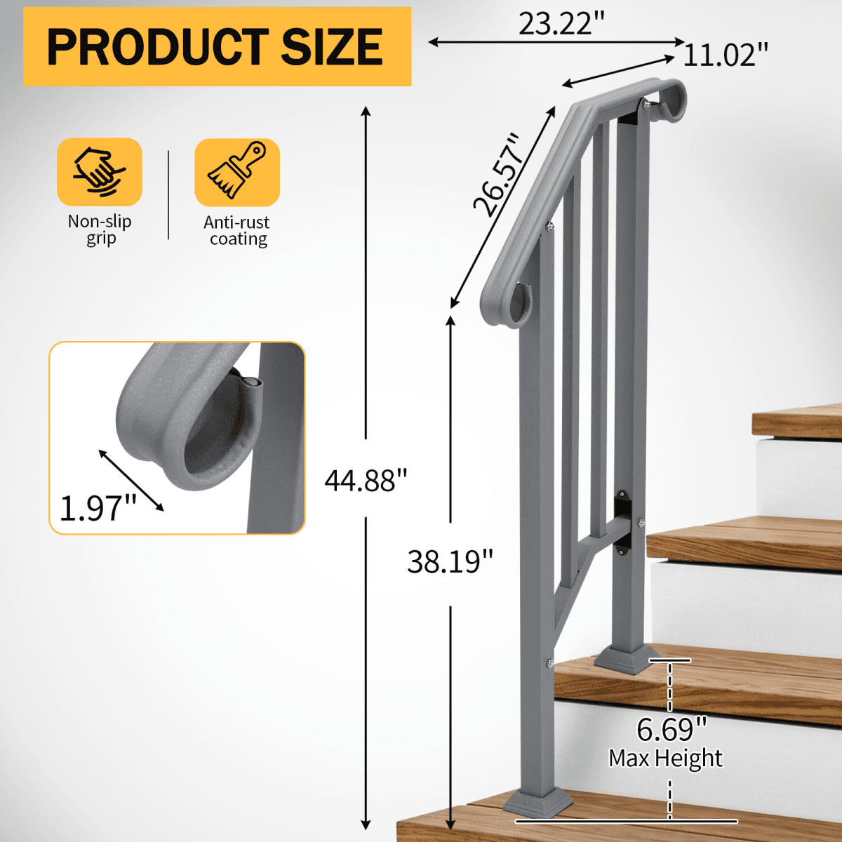 image-Handrails for Outdoor Steps, Iron Handrail Fits 1 Step, Transitional Handrail with Installation Kit, Silver