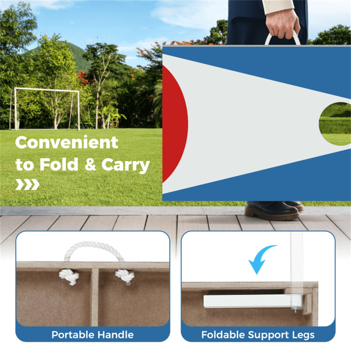image-Cornhole Board Set - 3'x2' with 8 Bean Bags Blue+Red+White, Portable Outdoor Game
