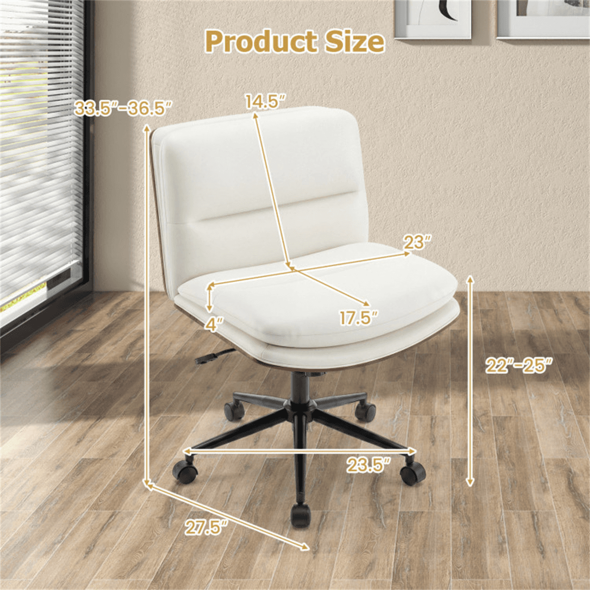 image-White Armless Office Chair , Curved Backrest & Wide Seat, 360° Swivel & Rocking Function