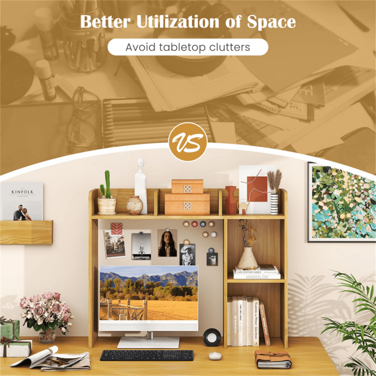 image-Beige Bookshelf for 27'' Monitor, Engineered Wood, 100 lbs Capacity