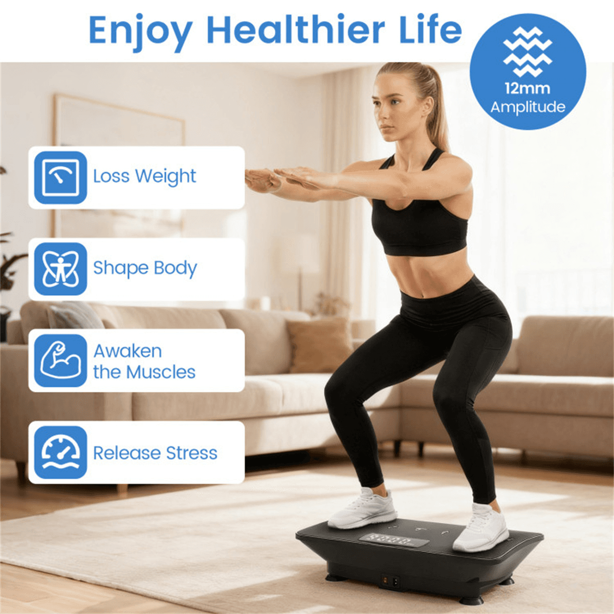 image-Black Vibration Plate - 10 Speeds, Remote, Music, 440LBS Capacity