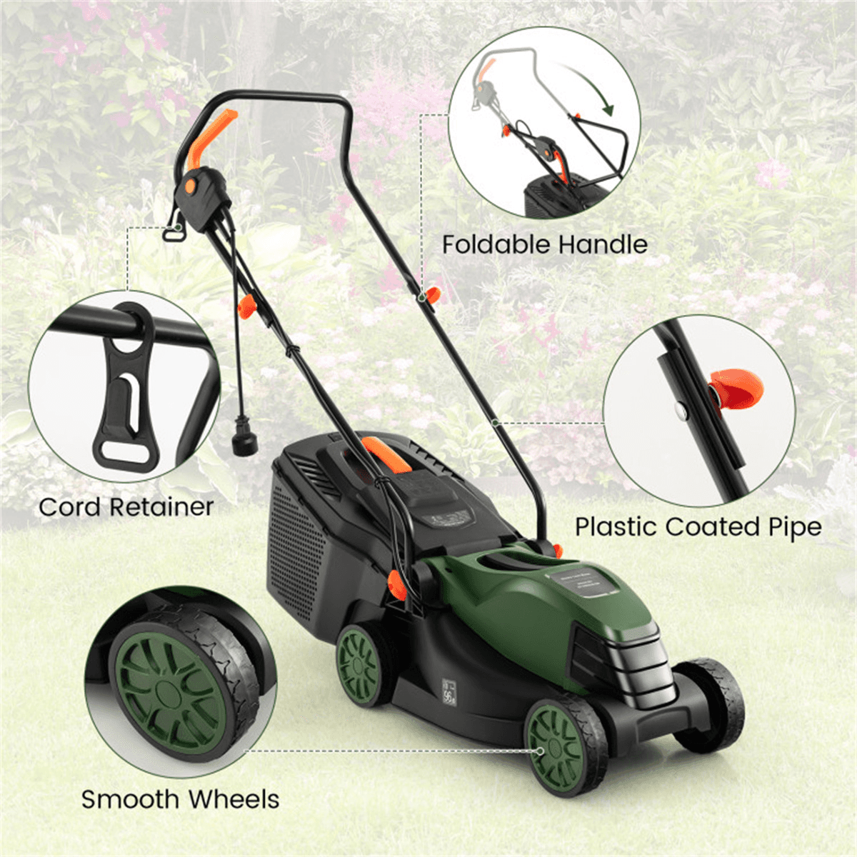 image-12A Electric Lawn Mower - 13.5" Cut, Dual Safety, Green
