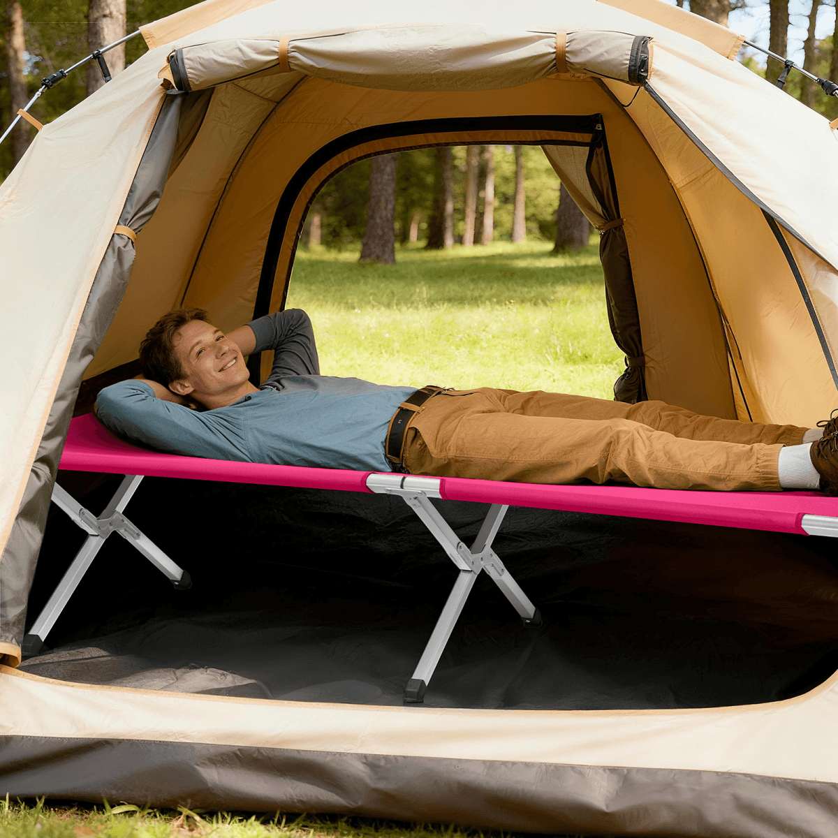 image-Folding Camping Cot with Bag - Army Pink 74.8" Durable