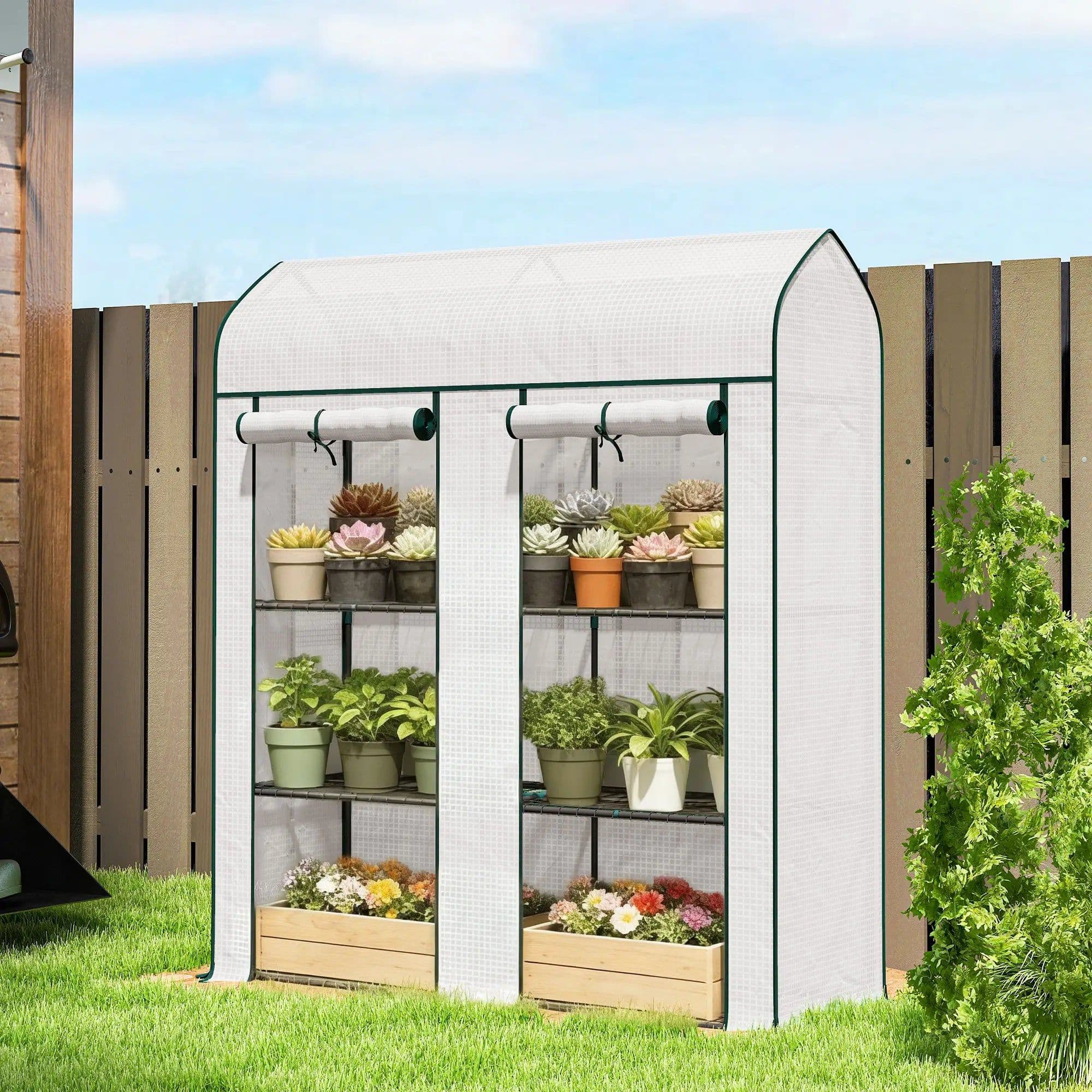 image-Garden Bed Mini Greenhouse - White, Steel, 65" Tall