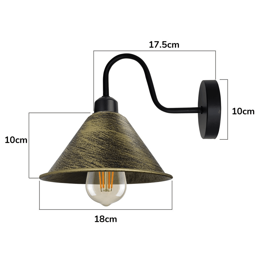image-Brushed Brass Vintage Wall Light Fixture Black Wall Sconce E27 Base Socket Screw Wall Mounted Neck Cone Shape Shade
