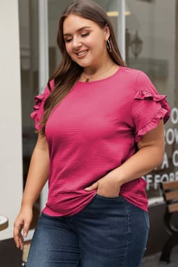 image-Bright Pink Ruffled Short Sleeve Plus Size Top