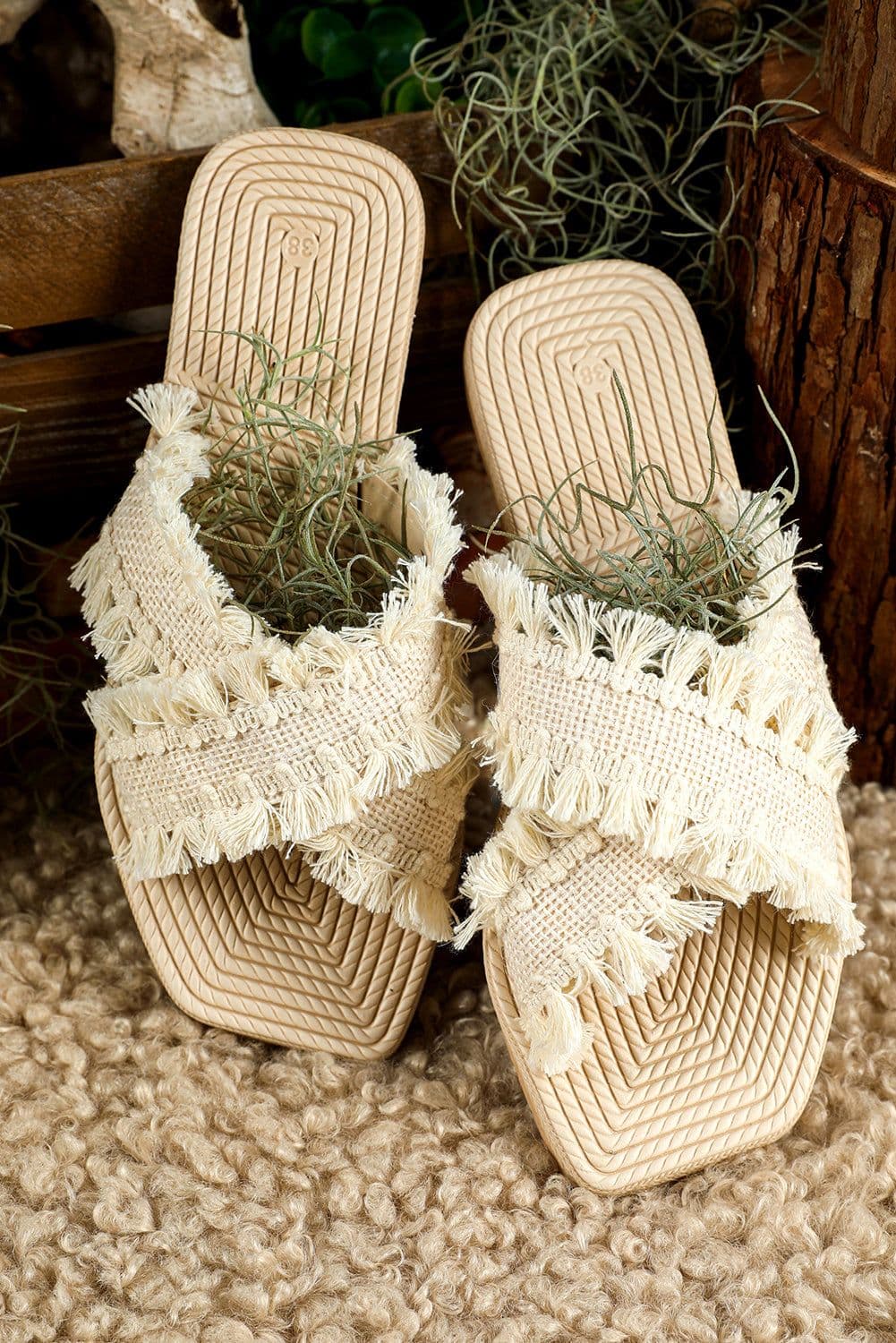 image-Woven Tassel Flat Slippers - Beige Crossed Straps