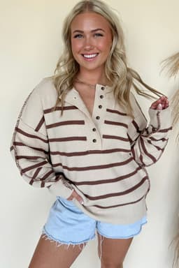 image-Brown Stripe Ribbed Henley Drop Shoulder Slouchy Sweater