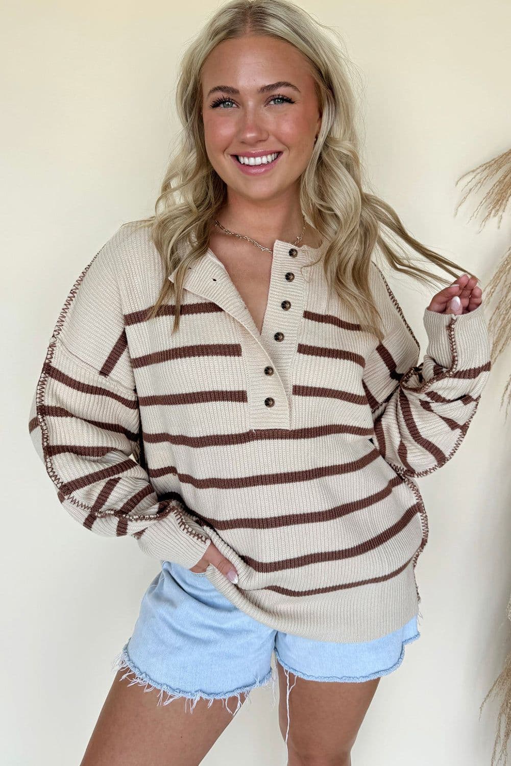 image-Brown Stripe Ribbed Henley Drop Shoulder Slouchy Sweater