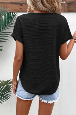 image-Khaki Textured Wide Sleeve V Neck T Shirt