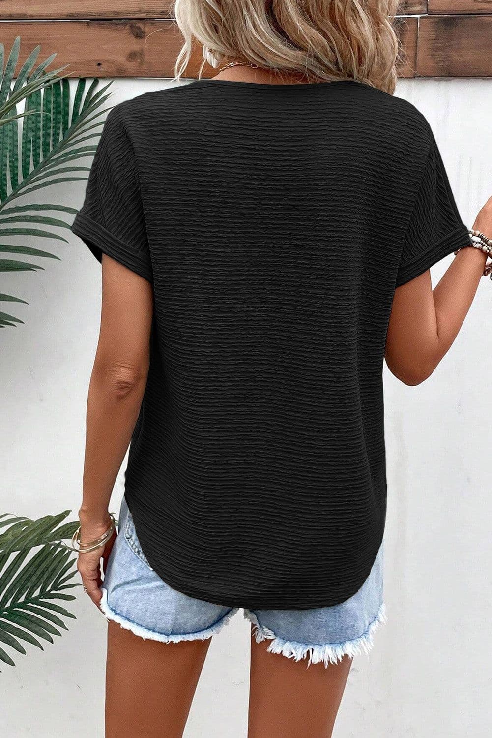 image-Khaki Textured Wide Sleeve V Neck T Shirt