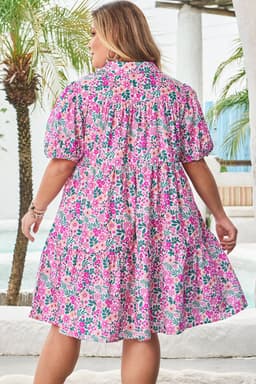 image-Pink Plus Size Floral Puff Sleeve A-Line Dress