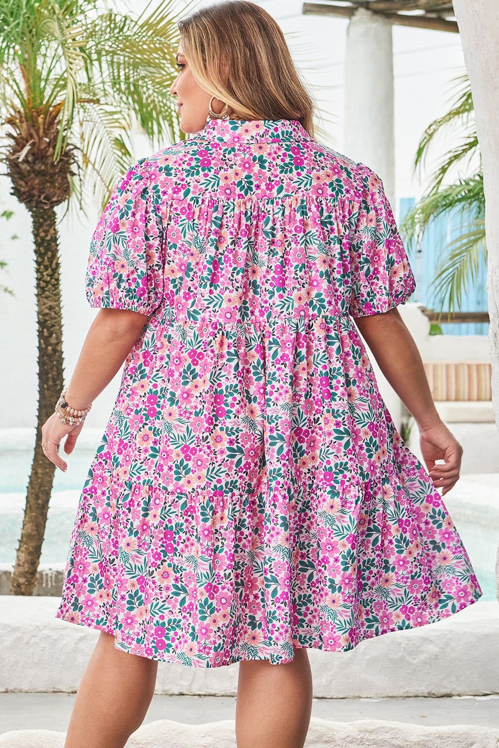 image-Pink Plus Size Floral Puff Sleeve A-Line Dress