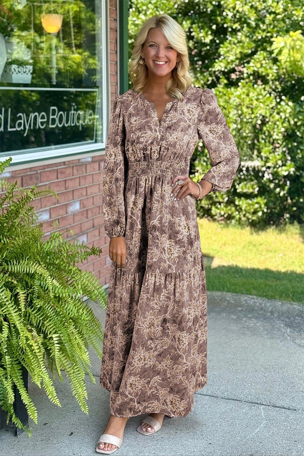 image-Sky Blue Floral Smocked High Waist Maxi Dress