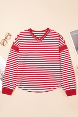 image-Red Stripe V Neck Balloon Sleeve Pullover
