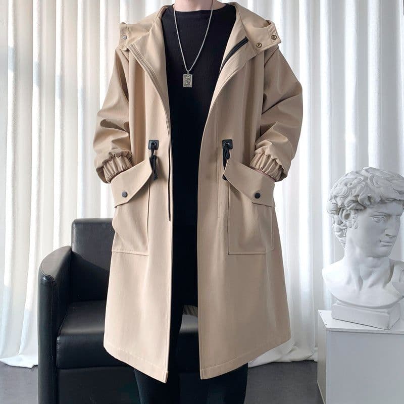 image-Men's New Windbreaker Long Hooded Big Pocket Jacket