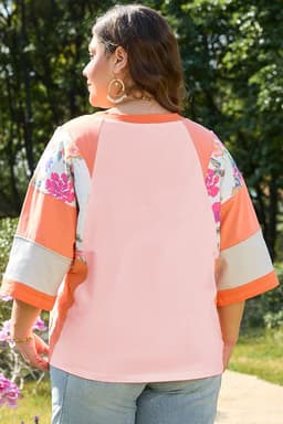 image-Plus Size Floral Print Patchwork Raglan Sleeve Top - Orange