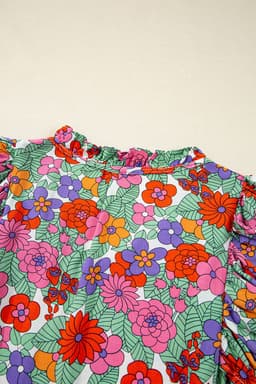 image-Red Floral Ruffle Puff Sleeve Blouse