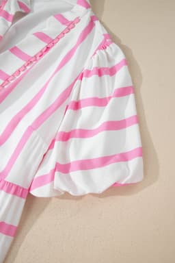 image-Pink Stripe Plus Size V Neck Puff Sleeve Maxi