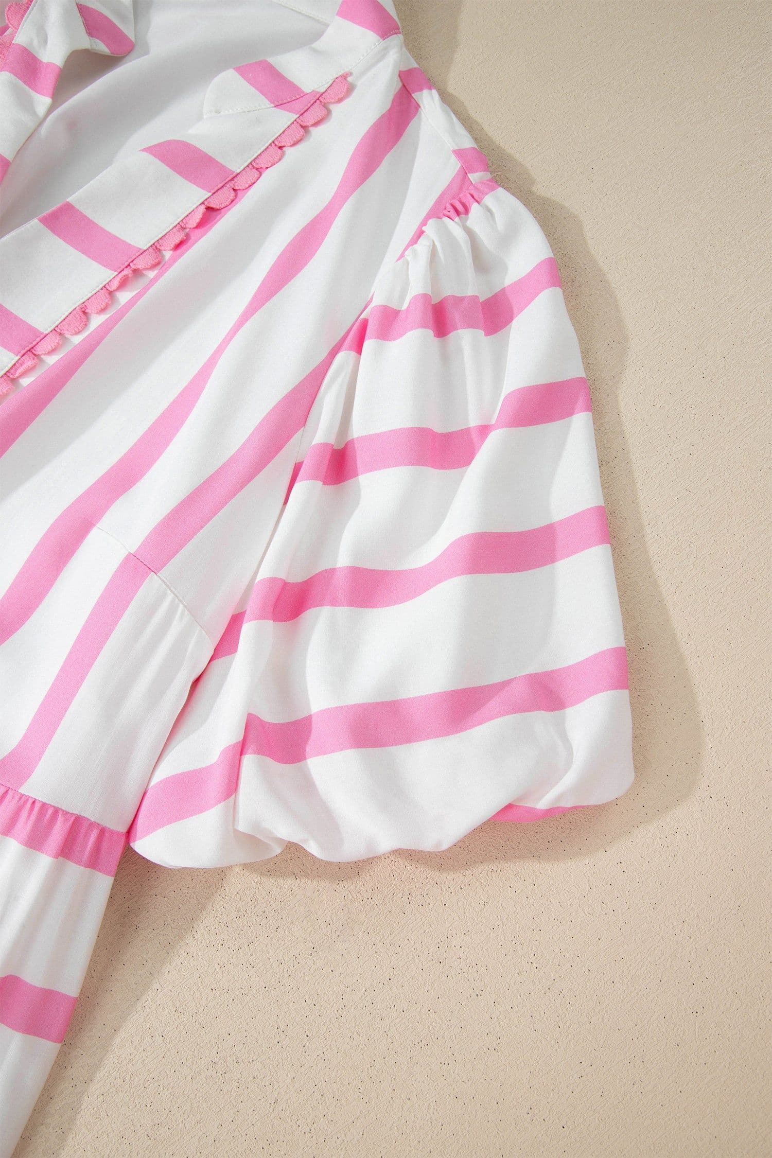 image-Pink Stripe Plus Size V Neck Puff Sleeve Maxi