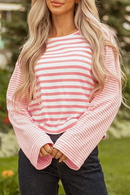image-Pink Stripe Textured Contrast Drop Shoulder Top