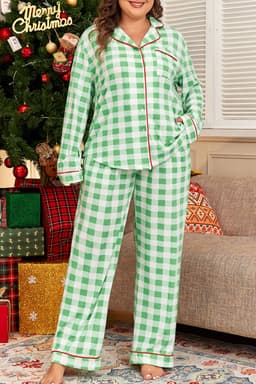image-Green Plaid Print Contrast Trim Long Sleeve Plus Size Pajama Set