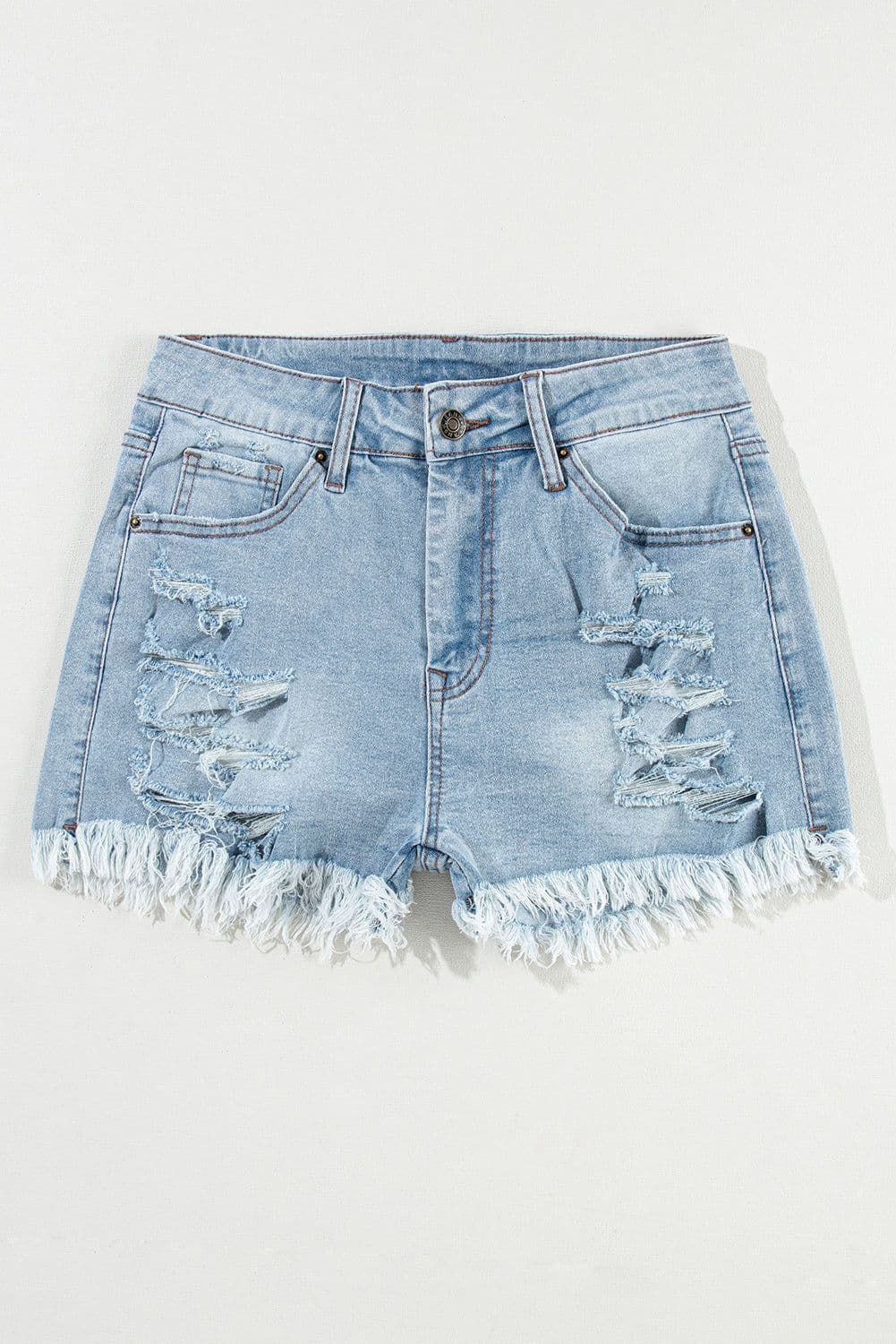 image-Light Blue Distressed Denim Shorts - High Waist Ripped