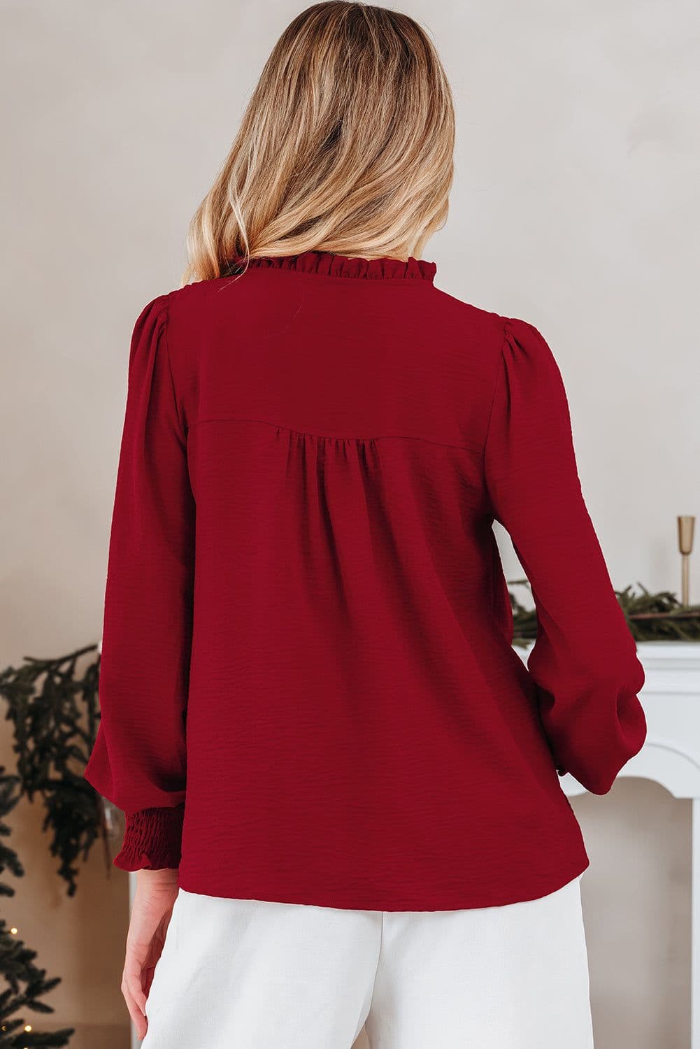 image-Burgundy Long Sleeve Blouse Shirred Cuff V-Neck