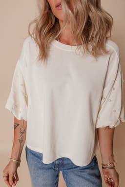 image-White Pearled Puff Sleeve Blouse - Round Neck Loose