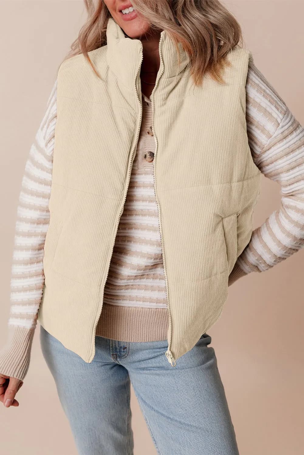 image-Beige Corduroy Puffer Vest Zip Stand Neck