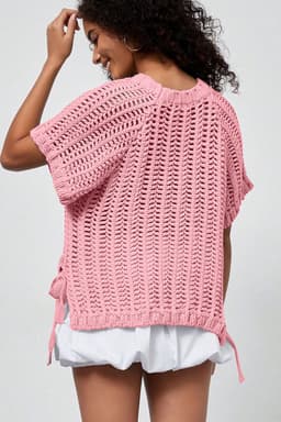 image-Pink Plus Size Open Knit Bow Tie Short Sleeve Sweater