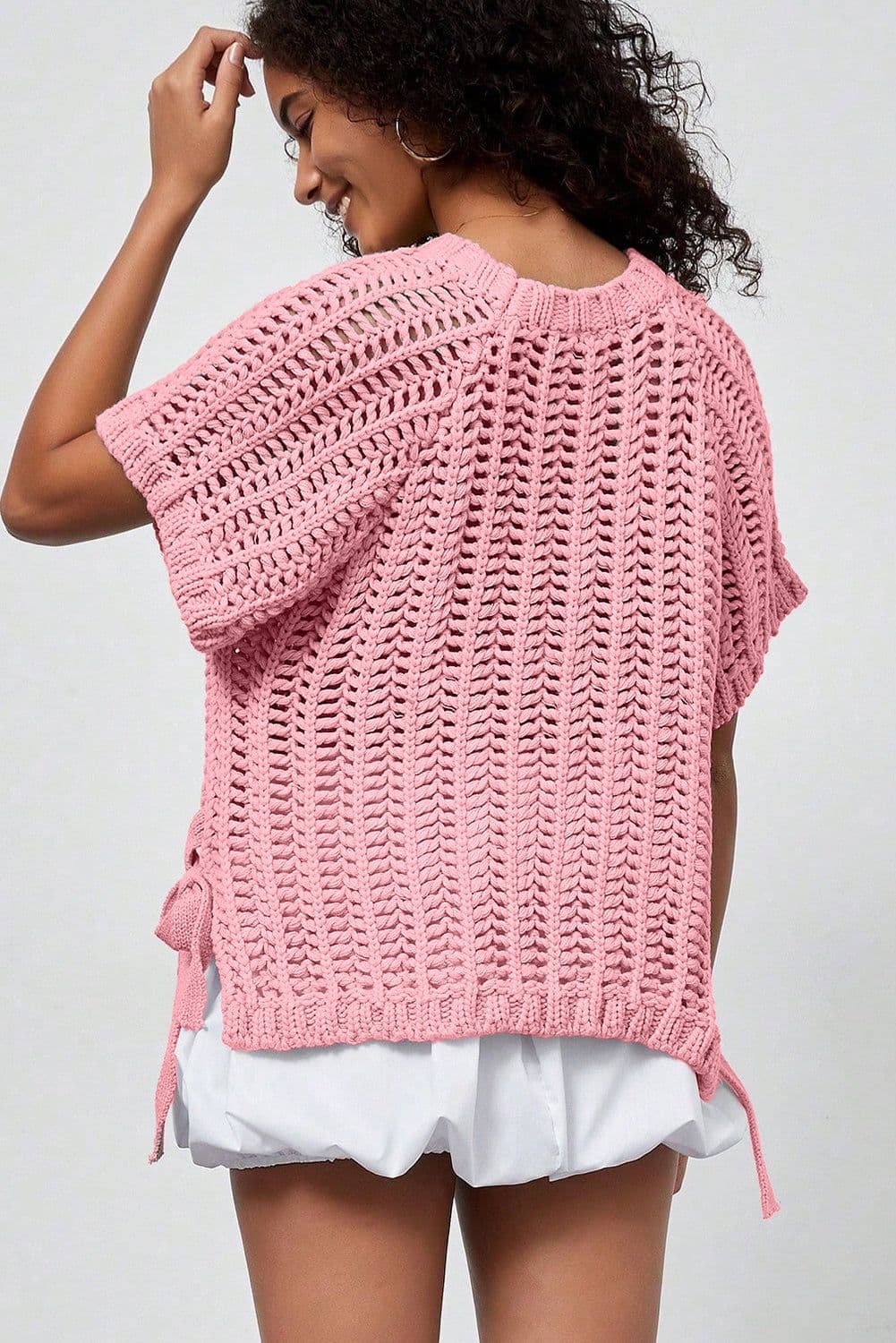 image-Pink Plus Size Open Knit Bow Tie Short Sleeve Sweater
