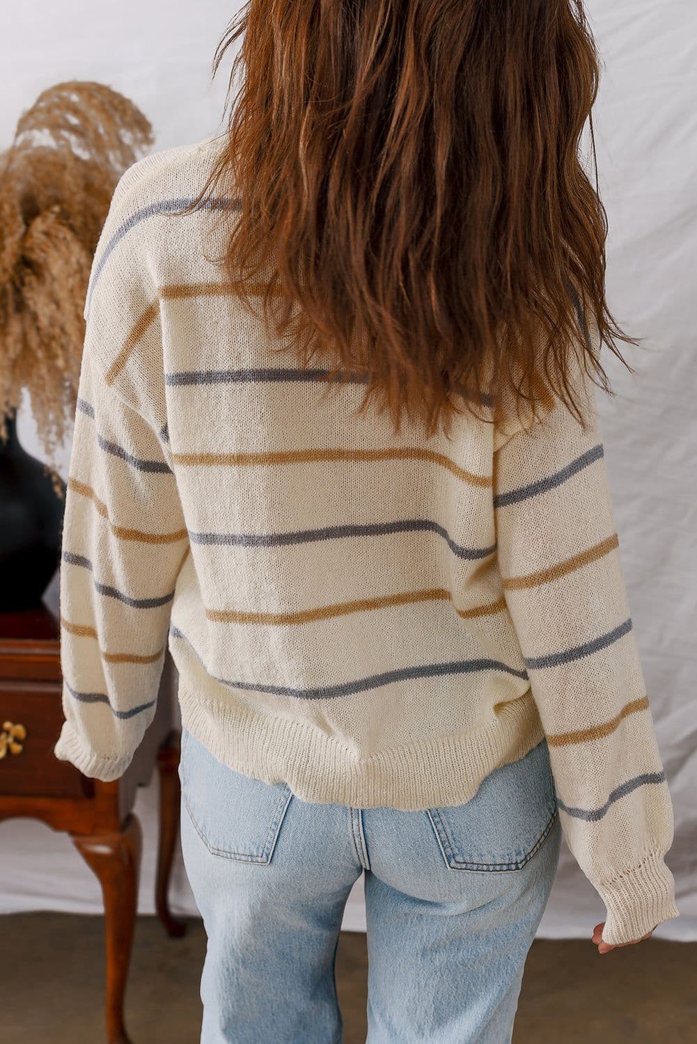 image-Multicolour Striped V Neck Drop Shoulder Cardigan Sweater