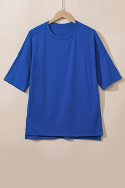 image-Dark Blue Longline Top - Short Sleeve Side Slit