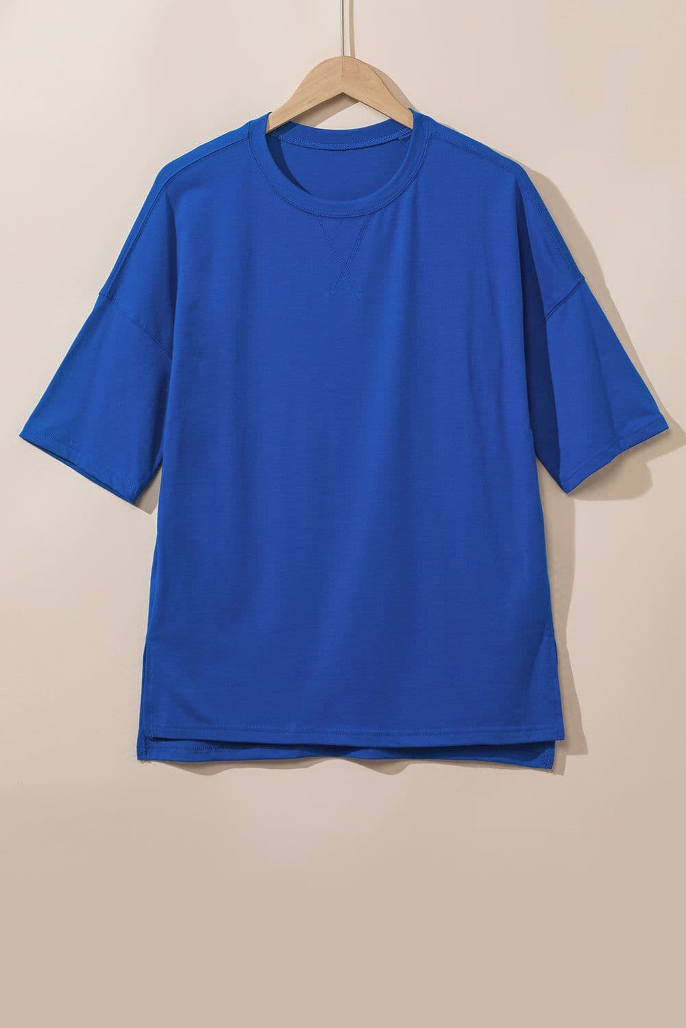 image-Dark Blue Longline Top - Short Sleeve Side Slit