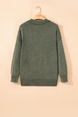 image-Four Leaf Clover Mineral Wash V Neck Knit Exposed Seam Drop Shoulder Loose Sweater