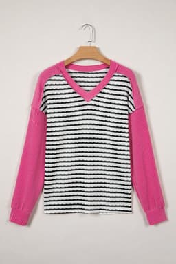 image-Black Stripe Textured Knit Twisted Rib Contrast Patchwork V Neck Long Sleeve Top