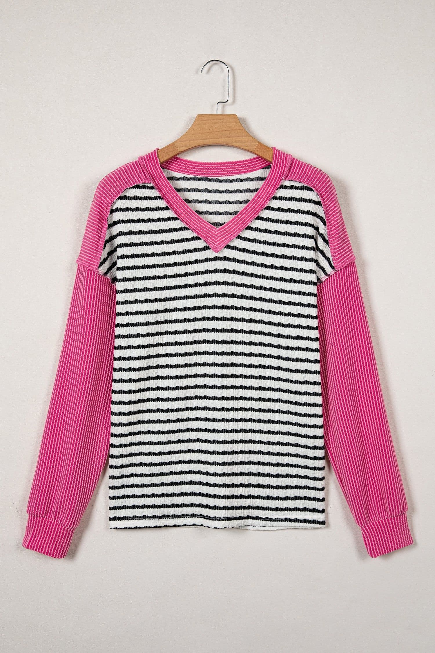 image-Black Stripe Textured Knit Twisted Rib Contrast Patchwork V Neck Long Sleeve Top