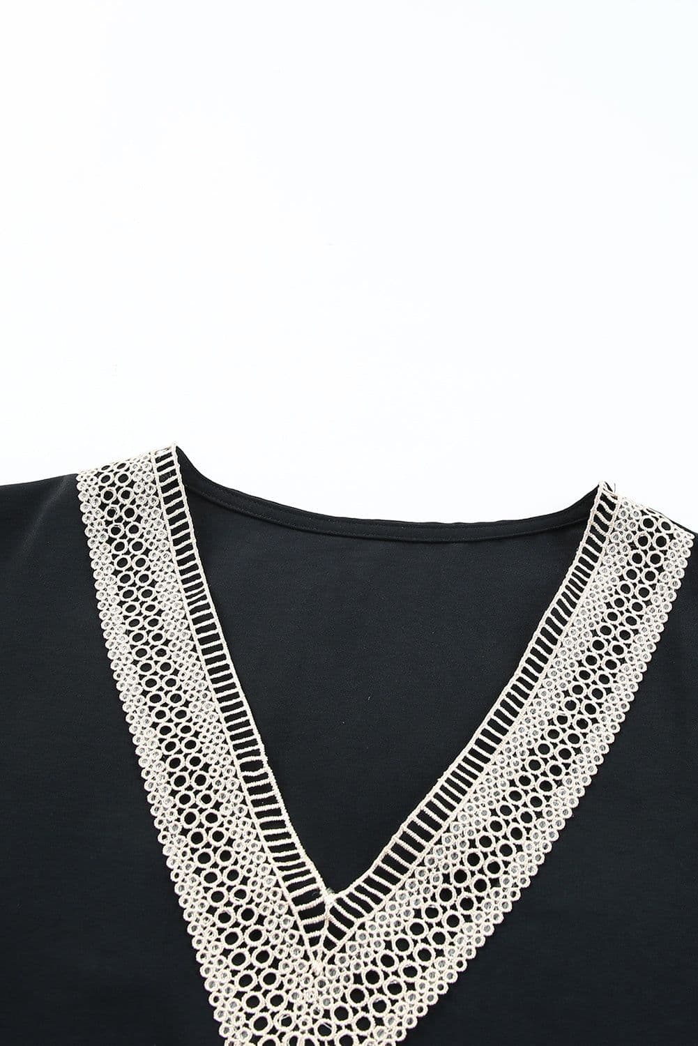 image-Black Lace Trim V-Neck Short Sleeve Blouse - Size Chart Available