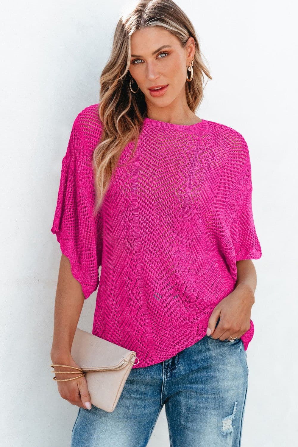 image-Rose Red Pointelle Knit Top - Short Sleeve, Scallop Edge, Delicate Design