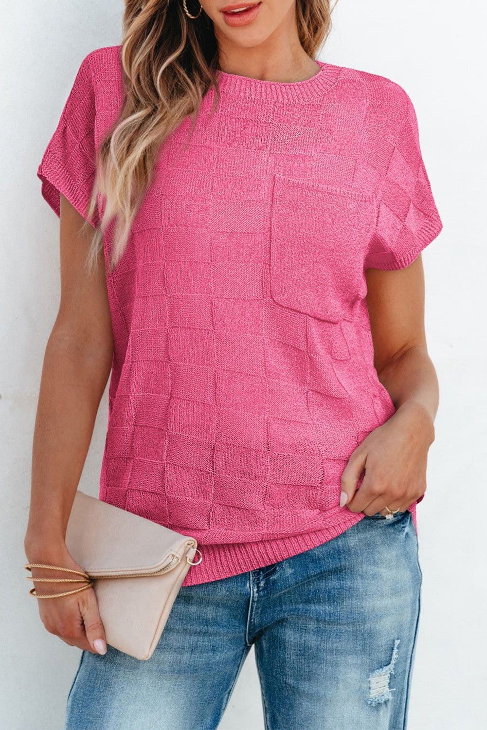 image-Pink Lattice Textured Knit Short Sleeve Sweater - Sizes S-3XL