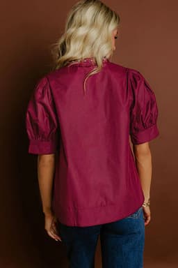 image-Burgundy Rivet Embellished V Neck Puff Sleeve Blouse