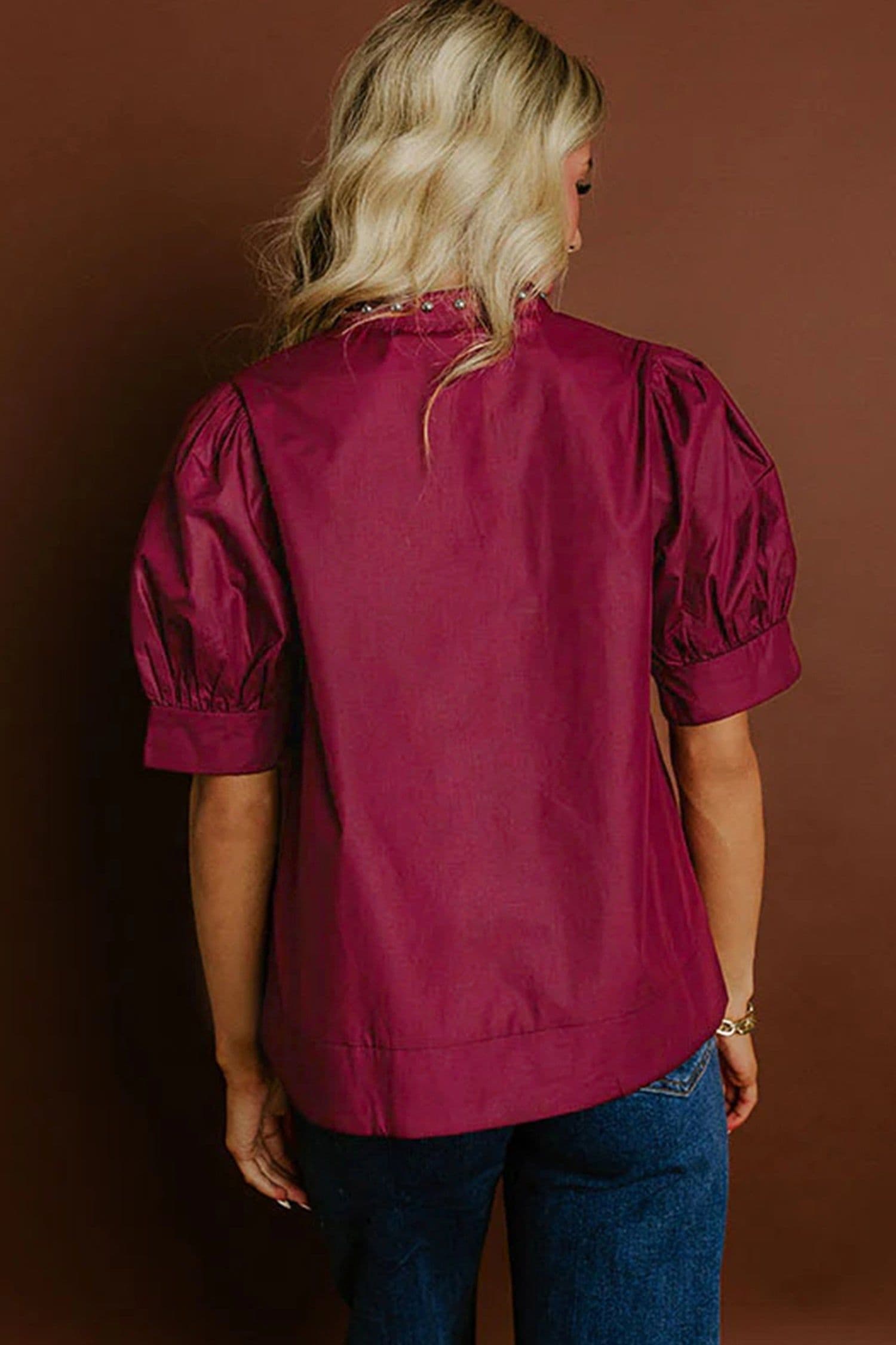 image-Burgundy Rivet Embellished V Neck Puff Sleeve Blouse